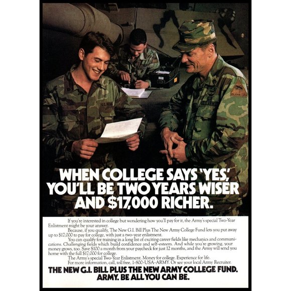 1986 US Army Recruiting Recruiter Vintage Print Ad GI Bill College Tank Wall Art - Picture 1 of 1